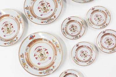 Lot 215 - Ten export famille rose porcelain armorial plates