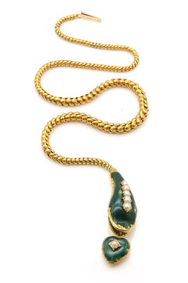 Lot 52 - A Victorian cased gold enamel and split pearl snake or serpent necklace