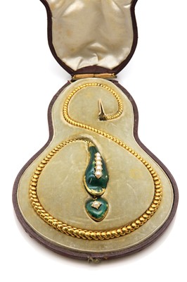 Lot 52 - A Victorian cased gold enamel and split pearl snake or serpent necklace