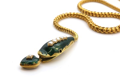 Lot 52 - A Victorian cased gold enamel and split pearl snake or serpent necklace