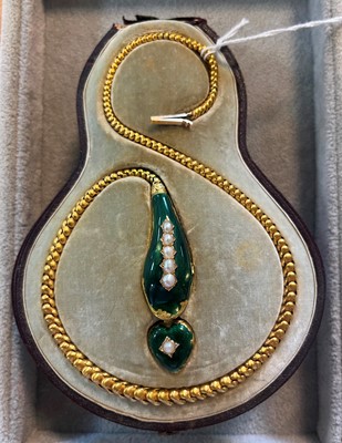 Lot 52 - A Victorian cased gold enamel and split pearl snake or serpent necklace