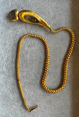 Lot 52 - A Victorian cased gold enamel and split pearl snake or serpent necklace