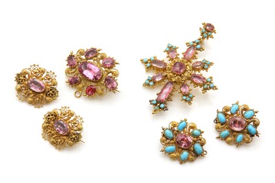 Lot 25 - A Regency gold foiled pink topaz and turquoise set cannetille matched suite