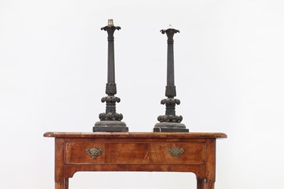 Lot 98 - A pair of Louis XV-style patinated bronze table lamps