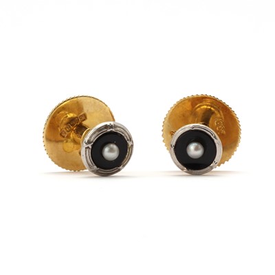 Lot 274 - A cased set of  two 18ct gold split pearl and onyx dress studs