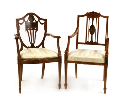 Lot 442 - Two Sheraton-style painted satinwood elbow chairs