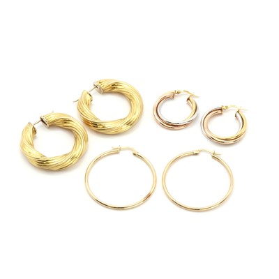 Lot 205 - Three pairs of gold hoop earrings