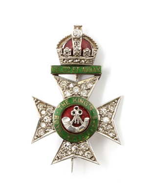 Lot 164 - A cased regimental sweetheart diamond and enamel 'The King's Royal Rifle Corps' brooch