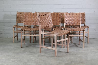 Lot 578 - A set of eight acacia wood and leather dining chairs