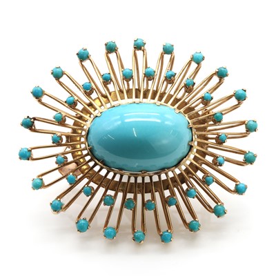 Lot 183 - A Continental gold turquoise set sunburst brooch/pendant, c.1960