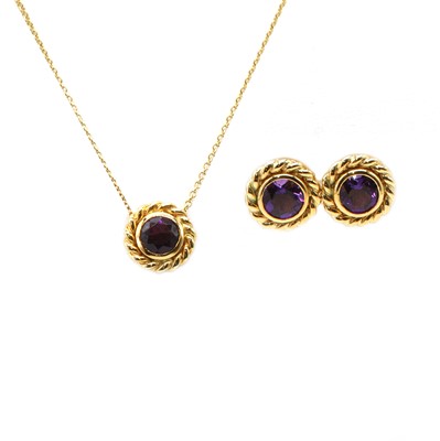 Lot 216 - An 18ct gold amethyst pendant and earring suite, by Tiffany & Co., c.1996