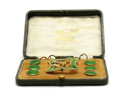 Lot 73 - A cased set of silver and enamel buttons and buckle