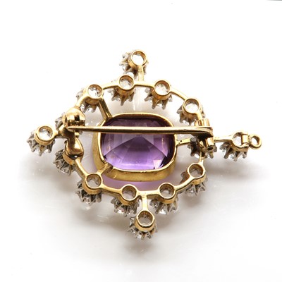 Lot 73 - An Edwardian amethyst and white topaz, open lozenge form, brooch/pendant