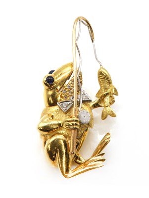 Lot 264 - An 18ct three colour gold sapphire and diamond frog with a fishing line pendant, by E Wolfe & Co. c.1990