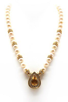 Lot 406 - An 18ct gold, citrine, diamond and uniform cultured pearl necklace