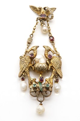 Lot 94 - A renaissance revival silver gilt foiled garnet, blister pearl and enamel pendant, c.1900