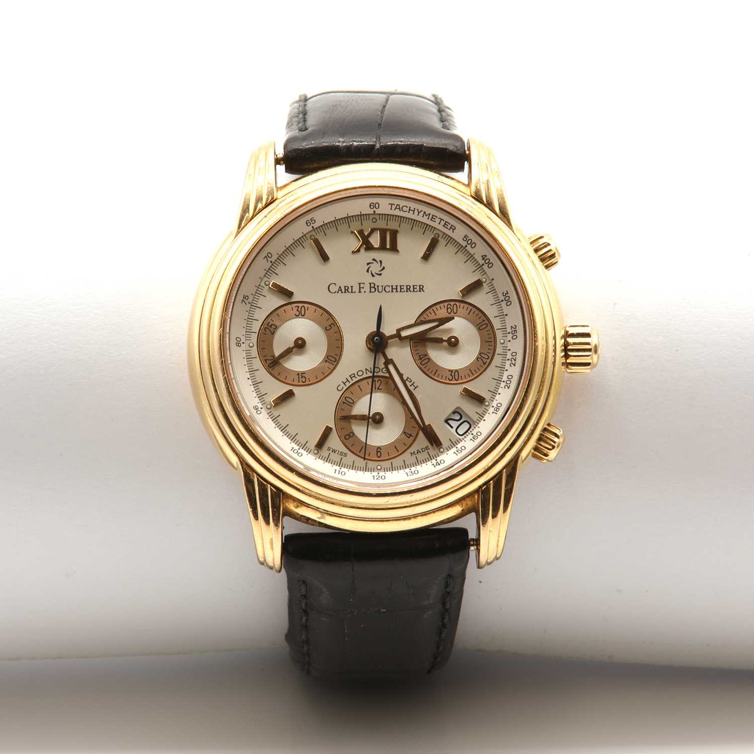 Lot 535 - A gentlemen's 18ct gold Carl F Bucherer automatic 'Archimedes' skeleton black strap watch