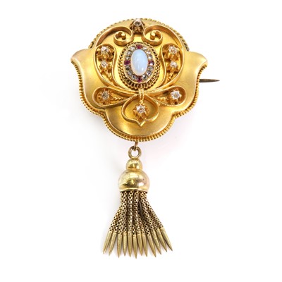 Lot 55 - A Victorian opal, ruby and diamond shield form brooch