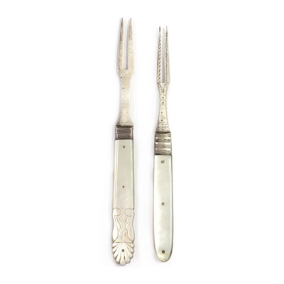 Lot 293 - Two Georgian sterling silver mother of pearl handled forks