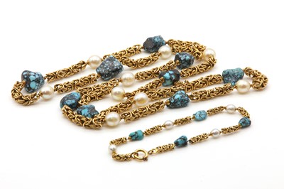 Lot 173 - A Portuguese gold, turquoise and cultured pearl necklace