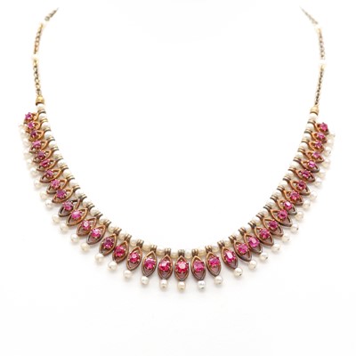 Lot 220 - A seed pearl and ruby fringe necklace, c.1900