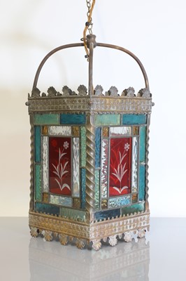 Lot 132 - A gilt-metal and stained-glass hall lantern