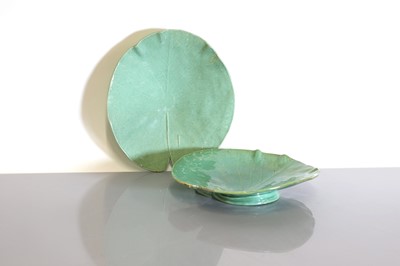 Lot 349 - A pair of French leaf-shaped celadon-glazed dishes