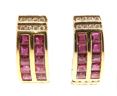 Lot 81 - A pair of Continental ruby and diamond cuff style hinged hoop earrings