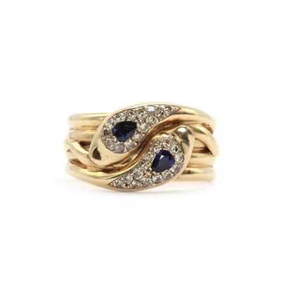 Lot 86 - A continental gold sapphire and diamond snake ring