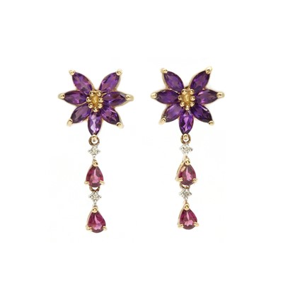 Lot 148 - A pair of 9ct gold amethyst, garnet and diamond floral drop earrings