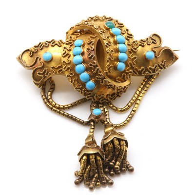 Lot 12 - A Victorian turquoise swag and tassel brooch, c.1860