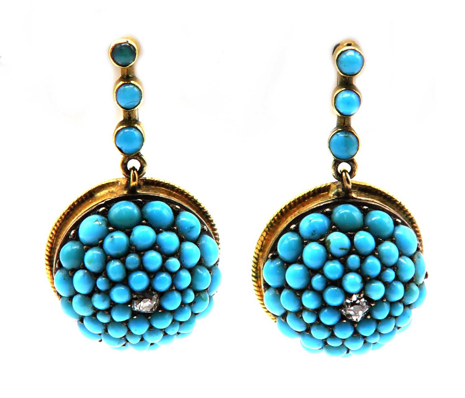 Lot 32 - A pair of Victorian diamond and turquoise drop earrings