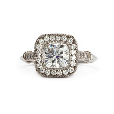 Lot 152 - A white gold synthetic moissanite cluster ring