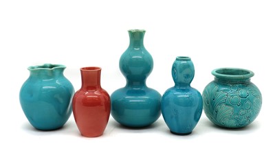 Lot 78 - A group of five Burmantofts turquoise and red glazed vases