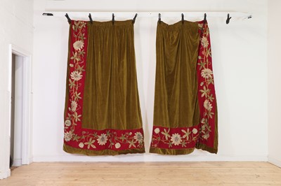 Lot 389 - A pair of velvet, cotton and silk embroidered curtains