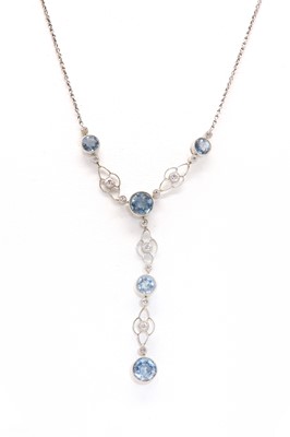 Lot 149 - A cased Art Deco aquamarine and diamond Edna May necklace