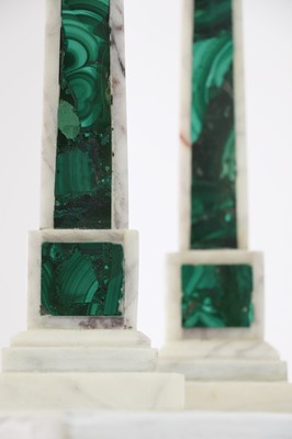 Lot 30 - A pair of white marble and malachite obelisks