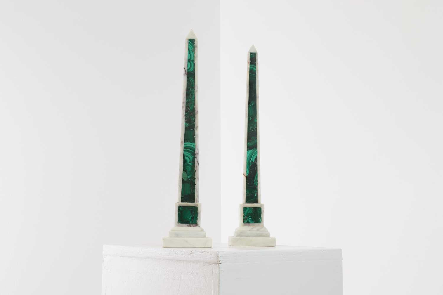 Lot 30 - A pair of white marble and malachite obelisks