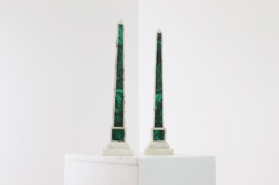 Lot 30 - A pair of white marble and malachite obelisks
