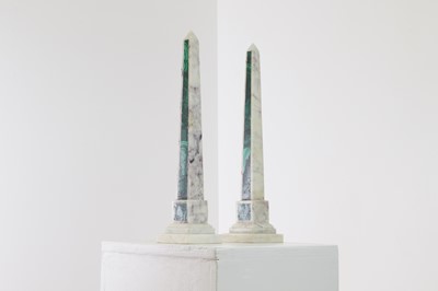 Lot 30 - A pair of white marble and malachite obelisks