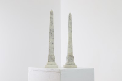 Lot 30 - A pair of white marble and malachite obelisks