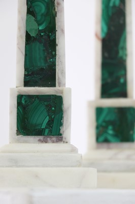 Lot 30 - A pair of white marble and malachite obelisks