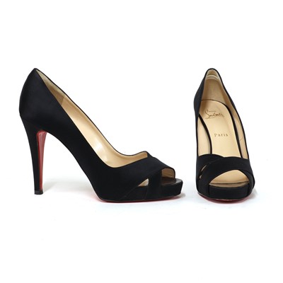 Lot 346 - A pair of Christian Louboutin black satin peep toe shoes