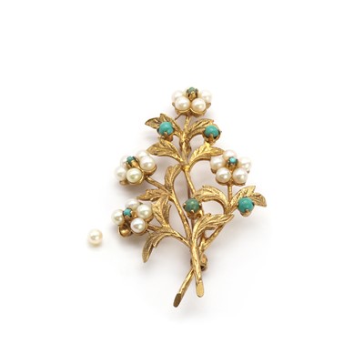 Lot 156 - A 9ct gold pearl and turquoise spray brooch