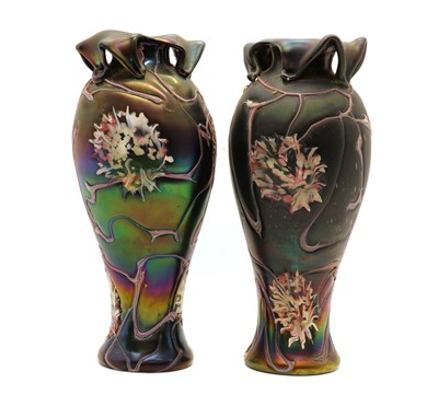 Lot 241 - A large pair of Bohemian iridescent glass vases