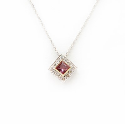 Lot 386 - A pink sapphire and diamond square cluster slide pendant