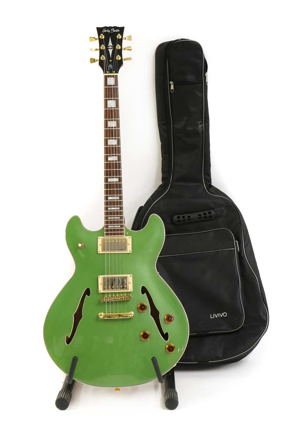 Lot 322 - A Harley Benton HB-35Plus Metallic Green electric semi-hollow body guitar
