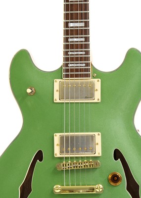 Lot 322 - A Harley Benton HB-35Plus Metallic Green electric semi-hollow body guitar