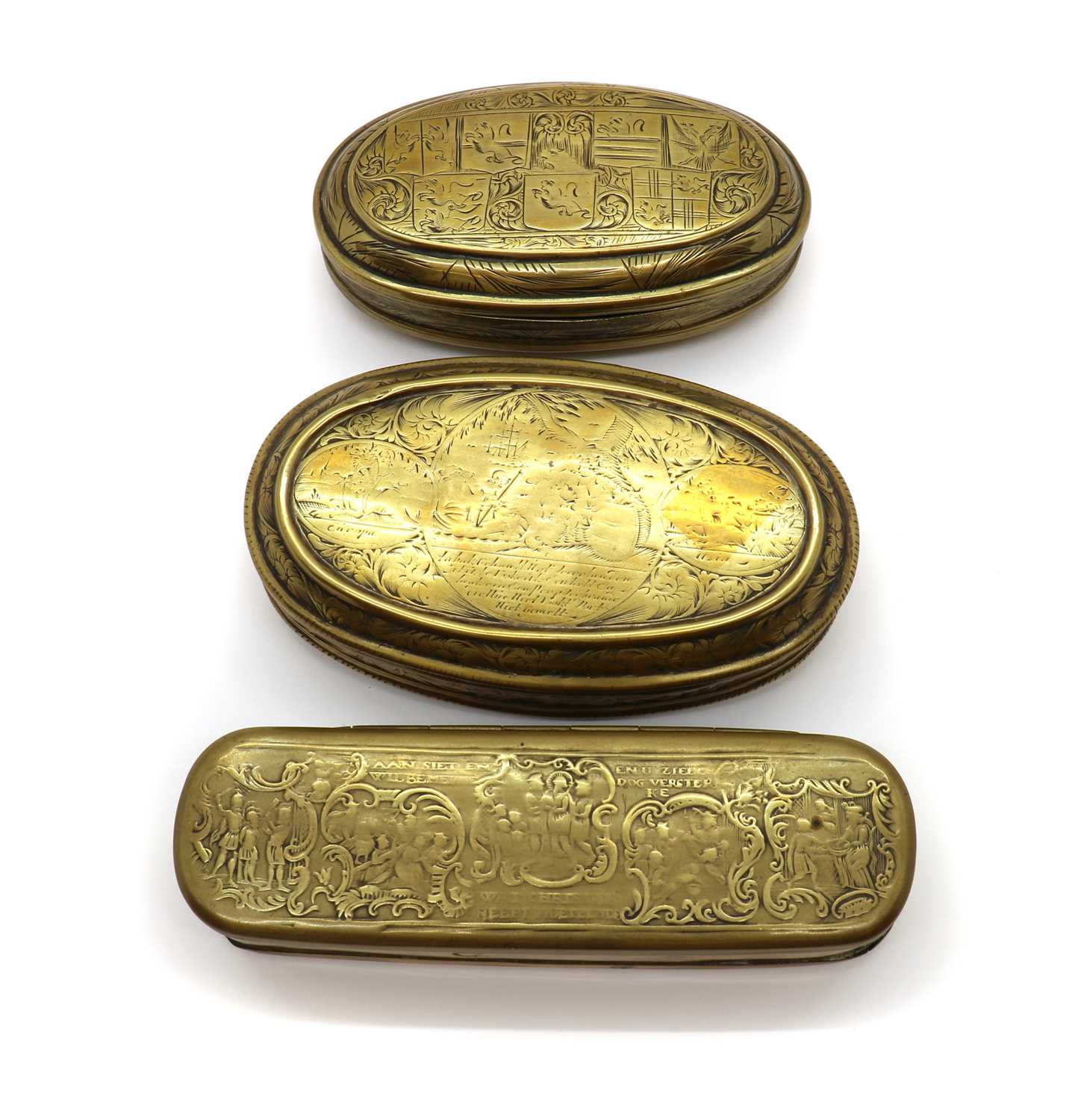 Lot 280 - Three brass tobacco boxes