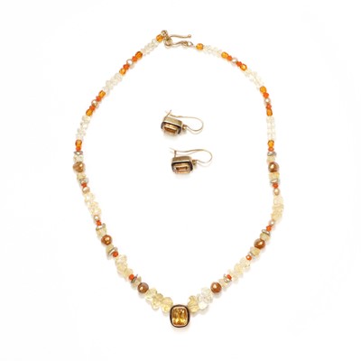 Lot 337 - A silver gilt and citrine, earring and bead necklace suite